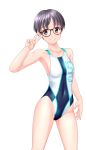  1girl absurdres black_eyes black_hair breasts collarbone commentary_request competition_swimsuit contrapposto covered_navel glasses grin highres one-piece_swimsuit original short_hair simple_background small_breasts smile solo swimsuit takafumi two-tone_swimsuit v_over_eye white_background 