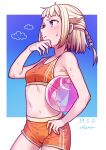  1girl ai_kusunoki armpit_crease ball beachball blonde_hair blue_background blush border braid braided_ponytail carrying carrying_under_arm cevio cloud commentary_request cowboy_shot crop_top dated gradient_background hair_flaps hand_up looking_ahead midriff navel one_(cevio) orange_shorts orange_tank_top outside_border short_hair short_ponytail short_shorts shorts sidelocks signature solo sportswear tank_top v-shaped_eyebrows very_sweaty white_border 