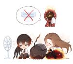  1boy 1other 2girls air_conditioner antennae black_dress black_eyes black_hair black_wings blush brown_hair clock coat dante_(limbus_company) dress e.g.o_(project_moon) electric_fan fiery_clothing fire highres limbus_company long_hair love_mintchoco multiple_girls necktie object_head open_mouth project_moon red_coat red_necktie rodion_(limbus_company) ryoshu_(limbus_company) short_hair simple_background smile very_long_hair white_background wings yi-sang_(limbus_company) 