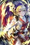  1girl bike_shorts blonde_hair boots breasts cape drill_hair erika_wagner fire highres long_hair looking_at_viewer qitoli red_eyes shield skirt solo thighhighs twin_drills twintails under_night_in-birth under_night_in-birth_exe:late[st] weapon 