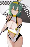  1girl bare_shoulders black_umbrella blush breasts cleavage clothing_cutout collarbone detached_sleeves green_hair groin hairband highres hikage_(senran_kagura) holding holding_umbrella large_breasts looking_at_viewer multicolored_hairband navel navel_cutout race_queen senran_kagura senran_kagura_burst senran_kagura_new_link senran_kagura_shoujo-tachi_no_shin&#039;ei short_hair slit_pupils solo surippa1010 swimsuit umbrella white_umbrella yellow_eyes yellow_hairband 