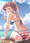  1girl american_flag_bikini aranami_shibuki ass bang_dream! bikini blue_eyes blue_sky breasts brown_hair cloud day flag_print from_behind gradient_background gyaru hair_ribbon highres horizon long_hair looking_at_viewer looking_back medium_breasts ocean one_eye_closed outdoors ponytail ribbon sexually_suggestive sky solo swimsuit tan tongue tongue_out v yamabuki_saya 