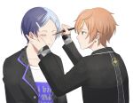  2boys aoyagi_touya applying_makeup blonde_hair blue_hair closed_eyes closed_mouth commentary_request dark_blue_hair earrings fingernails green_eyes hair_ornament hairclip hand_on_another&#039;s_face highres holding hoop_earrings jacket jewelry lapels long_sleeves looking_at_another male_focus multicolored_hair multiple_boys notched_lapels open_clothes open_jacket orange_hair project_sekai shinonome_akito short_hair simple_background split-color_hair streaked_hair stud_earrings two-tone_hair upper_body white_background yk62 
