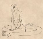  2023 anthro blokfort breasts female flat_chested lizard monochrome nipples reptile scales scalie simple_background sitting sketch skink solo 
