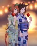  2girls :d absurdres air_groove_(umamusume) alternate_costume alternate_hairstyle animal_ears aqua_eyes blue_eyes blue_kimono blush bow brown_hair candy ear_bow ear_covers floral_print food from_side green_kimono hair_bun hair_ornament highres hime_cut holding holding_candy holding_food holding_hands horse_ears horse_girl horse_tail japanese_clothes kimono looking_at_another multiple_girls obi orange_hair sash short_hair sidelocks silence_suzuka_(umamusume) smile sugamo_(rainysnowy108) tail umamusume yellow_bow yukata 