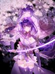  2girls absurdres behind_another blunt_bangs braid braided_ponytail cherry_blossoms closed_eyes genshin_impact hair_ornament hebuduxiyang highres holding holding_sword holding_weapon japanese_clothes katana long_braid long_hair looking_at_viewer makoto_(genshin_impact) multiple_girls purple_background purple_eyes purple_hair raiden_shogun siblings sisters sword weapon 