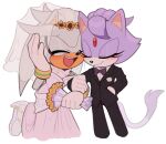  anthro blaze_the_cat blush bow_tie clothed clothing crossdressing domestic_cat dress duo eulipotyphlan felid feline felis female flower hedgehog hi_res male mammal plant sega silver_the_hedgehog sonic_the_hedgehog_(series) suit toonsite wedding_dress wedding_veil 