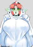  2023 absurd_res ahoge anart_(cliffpadfoot) bedsheet_ghost big_breasts breasts female freckles ghost_costume goblin green_body green_eyes green_skin grey_background hair hi_res huge_breasts humanoid humanoid_pointy_ears looking_at_viewer nerdbayne nipple_outline not_furry notched_ear open_mouth red_hair sheet_ghost signature simple_background solo yellow_sclera 