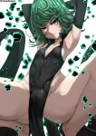  1girl absurdres armpits arms_behind_head arms_up artist_name aura black_dress blurry blurry_background breasts cameltoe closed_mouth curly_hair debris detached_sleeves dress flipped_hair floating floating_object glaring glowing green_eyes green_hair highres one-punch_man pelvic_curtain short_hair side_slit small_breasts solo spread_legs squatting tatsumaki tomodachi_(tomofanart) twitter_username white_background 