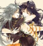  2girls :d black_hair black_shirt black_skirt bow carrying carrying_person closed_eyes commentary_request face-to-face facing_another fingernails grey_hair half-closed_eyes hat himemushi_momoyo hisona_(suaritesumi) hug iizunamaru_megumu jewelry long_hair looking_at_another messy_hair multiple_girls open_mouth orange_bow parted_lips ring shirt short_sleeves simple_background skirt smile tokin_hat touhou yellow_background yuri 