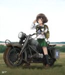  1girl absurdres akiyama_yukari artist_name bmw bmw_r75 brown_eyes brown_hair clear_sky emblem girls_und_panzer grass green_skirt highres kk90 long_sleeves looking_at_viewer motor_vehicle motorcycle mud ooarai_(emblem) ooarai_school_uniform salute school_uniform shirt skirt sky smile solo white_shirt 