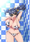  1girl akeikou black_hair breasts cleavage cow_print_bikini hair_ornament huge_breasts kureson_(medarot) long_hair looking_at_viewer medarot navel open_mouth solo sunglasses twintails 