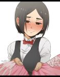  1boy 1girl black_hair black_vest blush bow bowtie brown_eyes clothes_grab grabbing hetero highres koyuki_(kyuuketsuki_sugu_shinu) kyuuketsuki_sugu_shinu looking_at_viewer miwaka_(pixiv91157941) red_bow red_bowtie shirt short_hair simple_background solo upper_body vest white_background white_shirt yakyuken_daisuki 