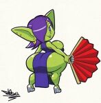  clothing female folding_fan footwear goblin green_body green_skin hair hair_over_eye high_heels humanoid looking_at_viewer looking_back looking_back_at_viewer not_furry one_eye_obstructed purple_hair short_stack solo tansau thick_thighs 