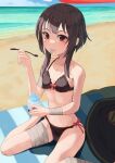  1girl bandaged_arm bandaged_leg bandages beach beach_umbrella bikini black_bikini black_hair blue_sky blush bob_cut collarbone cup eating flat_chest food front-tie_bikini_top front-tie_top highres holding holding_cup holding_spoon k3rd kono_subarashii_sekai_ni_shukufuku_wo! legs light_smile looking_at_viewer megumin pov red_eyes ribbon_trim sand shadow shaved_ice short_hair side-tie_bikini_bottom sidelocks sitting sky solo spoon stomach swimsuit tongue tongue_out umbrella wariza water waves 