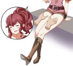  1girl anna_(fire_emblem) bare_legs belt_buckle boots brown_footwear buckle closed_eyes english_commentary fire_emblem fire_emblem_awakening high_ponytail igni_tion leather leather_belt leather_boots open_mouth red_hair thigh_grab 