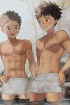  2boys :d abs batsusuke blush brown_eyes brown_hair collarbone dripping eye_contact grin hand_on_own_hip highres looking_at_another male_focus multiple_boys naked_towel navel nipples onsen open_mouth original outdoors pectorals penis rock see-through short_hair smile spiked_hair standing steam toned toned_male towel towel_around_waist tree wading water wet wet_towel 