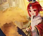  1girl apron benienma_(fate) bird_hat blush breasts brown_headwear cooking fate/grand_order fate_(series) feather_trim food fried_rice highres japanese_clothes kimono long_hair long_sleeves looking_at_viewer low_ponytail m0_chi open_mouth parted_bangs red_eyes red_hair red_kimono small_breasts smile solo very_long_hair white_apron wide_sleeves wok 