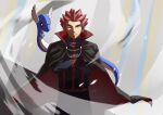  1boy black_cape cape closed_mouth commentary_request crossed_arms dragonair grey_eyes highres imasara_maki jacket lance_(pokemon) long_sleeves looking_at_viewer male_focus pokemon pokemon_(game) pokemon_hgss popped_collar red_hair short_hair smile spiked_hair split_mouth 