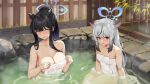  2girls absurdres animal_ears black_hair blue_archive blue_halo blush breasts cleavage collarbone commentary_request green_eyes grey_hair halo highres jamgom kokona_(blue_archive) large_breasts long_hair looking_at_another looking_down multicolored_hair multiple_girls naked_towel onsen open_mouth orange_eyes parted_lips partially_submerged ponytail see-through shun_(blue_archive) sidelocks small_breasts smile streaked_hair towel upper_body wet_towel 