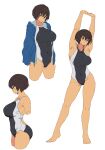  1girl armpits arms_up barefoot breasts contrapposto dark-skinned_female dark_skin full_body highres kei_(m_k) large_breasts m_k multicolored_clothes multicolored_swimsuit multiple_views one-piece_swimsuit original red_eyes short_hair stretching swimsuit tall tall_female tomboy two-tone_one-piece_swimsuit two-tone_swimsuit 