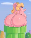  alternate_species anthro big_butt blonde_hair blue_eyes butt chubby_female cloud crown ear_piercing elephant elephant_peach elephantid fantasy000 female hair headgear hi_res looking_back mammal mario_bros nintendo piercing pink_body pipe princess_peach proboscidean solo stuck stuck_in_pipe tail thick_thighs 