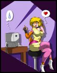  &lt;3 80&#039;s_theme 80s_clothing 80s_inspired anthro big_breasts blonde_hair bodily_fluids breasts clothing computer crossed_legs female floppy_ears footwear fur furniture gaming gloves hair handwear hi_res lagomorph leporid lop_ears mammal mastergodai orange_body orange_fur playing_videogame rabbit small_waist socks solo stool sweat sweatdrop tangobunny 