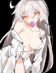  1girl absurdres black_background button_gap condom condom_in_mouth dress_shirt error1980 head_tilt highres honkai_(series) honkai_impact_3rd kiana_kaslana long_hair long_sleeves looking_at_viewer mouth_hold off-shoulder_shirt off_shoulder partially_unbuttoned sexually_suggestive shirt solo upper_body white_hair white_shirt yellow_eyes 