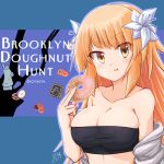  1girl bare_shoulders blonde_hair breasts brooklyn_(kancolle) cleavage collarbone doughnut eating english_text flower food gradient_eyes hair_flower hair_ornament highres holding holding_doughnut holding_food kantai_collection long_hair looking_at_viewer multicolored_eyes solo sosser statue_of_liberty upper_body 