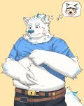  absurd_res anthro belly blush canid canine canis domestic_dog eyebrows fur green_body green_fur hi_res lifewonders live_a_hero male mammal marimo1007day mokdai nordic_sled_dog overweight pinching_belly samoyed spitz thick_eyebrows white_body white_fur yohack 