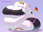  2023 animal_crossing anthro belly belly_overhang big_belly big_breasts blue_eyes blush breasts clothed clothing elephant elephantid fat_arms fat_legs female hands_behind_head hi_res huge_belly huge_breasts mammal margie_(animal_crossing) morbidly_obese morbidly_obese_anthro morbidly_obese_female nintendo obese obese_anthro obese_female overweight overweight_anthro overweight_female proboscidean proboscis_(anatomy) smile solo trunk_(anatomy) white_body yosioka_san 