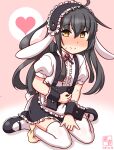  1girl ahoge animal_ears apron artist_logo black_hair black_hairband blush center_frills cosplay cross_tie droopy_ears embarrassed fake_animal_ears fleur_de_lapin_uniform floppy_ears frilled_apron frilled_cuffs frilled_hairband frilled_shirt frills gochuumon_wa_usagi_desu_ka? hairband kanon_(kurogane_knights) kantai_collection kirima_syaro kirima_syaro_(cosplay) lolita_hairband long_hair looking_at_viewer mikazuki_(kancolle) one-hour_drawing_challenge panties panties_around_one_leg pink_background puffy_short_sleeves puffy_sleeves rabbit_ears shirt short_sleeves sitting solo thighhighs underbust underwear waist_apron waitress wariza white_apron white_shirt white_thighhighs wrist_cuffs yellow_eyes 