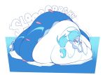  anthro belly big_belly big_breasts big_butt blue_eyes blue_hair blush boot_(artist) breast_squish breasts butt digital_media_(artwork) english_text fat_arms fat_rolls female generation_7_pokemon hair hi_res hyper hyper_belly immobile legless long_hair looking_at_viewer love_handles lying morbidly_obese morbidly_obese_female mouth_closed nintendo obese obese_anthro obese_female on_front onomatopoeia overweight overweight_anthro overweight_female pokemon pokemon_(species) primarina simple_background slosh solo sound_effects squish stubby_arms text thick_thighs tied_hair white_body wide_hips 