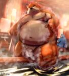  2023 absurd_res anthro balls bathing belly big_belly blue_body blue_fur brown_body brown_fur canid canine canis detailed_background domestic_dog duo fur genitals hi_res humanoid_hands inside kemono kumajjjj male mammal moobs navel nipples overweight overweight_male penis sitting steam water 