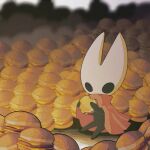  1girl alicezakat arthropod_girl artist_name black_eyes blank_eyes blurry blurry_background burger cheese cloak commentary depth_of_field eating english_commentary food food_bite full_body high_collar highres holding holding_food hollow_knight hornet_(hollow_knight) meat pile red_cloak sitting solo too_many twitter_username watermark 