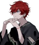  1boy amagi_hiiro black_shirt blue_eyes bracelet earrings ensemble_stars! facing_to_the_side highres jewelry kimichinoname looking_ahead male_focus own_hands_together red_hair shirt short_hair short_sleeves sketch solo 