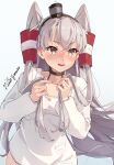  1girl amatsukaze_(kancolle) blush collarbone dress fang grey_hair hair_tubes highres himeyamato kantai_collection long_hair long_sleeves open_mouth solo two_side_up white_dress yellow_eyes 