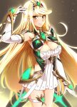  1girl bare_shoulders blonde_hair breasts cleavage cowboy_shot dangle_earrings dress earrings elbow_gloves gloves hand_up highres jewelry long_hair looking_at_viewer mythra_(xenoblade) neon_trim pleated_dress short_dress sleeveless sleeveless_dress swept_bangs thigh_strap tiara to_(tototo_tk) very_long_hair white_dress white_gloves xenoblade_chronicles_(series) xenoblade_chronicles_2 yellow_eyes 