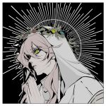  1girl black_bow blonde_hair bow closed_mouth curly_hair expressionless eyelashes hair_between_eyes head_wreath hood kaoru_(alicemakoto) looking_to_the_side loose_hair_strand monochrome original own_hands_together robe solo veil white_robe yellow_eyes 