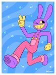  abstract_background anthro clothed clothing feet fencydregin gesture glitch_productions gloves handwear hi_res jax_(the_amazing_digital_circus) lagomorph leporid looking_back male mammal one_eye_closed overalls paws purple_body rabbit running simple_background smile solo teeth the_amazing_digital_circus v_sign wink yellow_eyes 