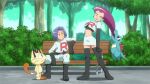  1boy 1girl bench boots bush clenched_hand clenched_teeth cropped_jacket day earrings gloves jacket james_(pokemon) jessie_(pokemon) jewelry logo long_hair looking_down meowth mixed-language_commentary noelia_ponce outdoors pants pokemon pokemon_(anime) pokemon_(classic_anime) pokemon_(creature) purple_hair shirt short_hair sitting skirt standing team_rocket team_rocket_uniform teeth thigh_boots totodile tree watermark 