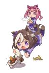  2girls :o animal_ears banana_peel bowl brown_footwear brown_hair carrot chibi ear_bow hairband hamburger_steak haru_urara_(umamusume) highres horse_ears horse_girl horse_tail long_sleeves moko39_takasora motion_lines multicolored_hair multiple_girls open_mouth pink_eyes pink_hair ponytail purple_eyes purple_shirt purple_thighhighs rice rice_bowl sailor_collar school_uniform shirt shoes special_week_(umamusume) sweatdrop tail thighhighs tracen_school_uniform tray tripping two-tone_hair umamusume white_background 