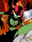  aku bedroom_eyes big_breasts breasts clothed clothing crossgender demon detailed_background dress dry_humping female green_body green_skin hi_res human humanoid male mammal melee_weapon narrowed_eyes samurai_jack samurai_jack_(character) seductive sword usagi_star weapon 