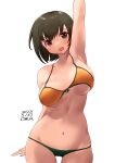  1girl alternate_costume arm_up armpits bikini blush breasts brown_eyes brown_hair cowboy_shot dated highres hiryuu_(kancolle) kantai_collection large_breasts looking_at_viewer navel one-hour_drawing_challenge orange_bikini owa_(ishtail) short_hair simple_background smile solo swimsuit thigh_gap white_background 