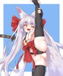  1girl absurdres animal_ear_fluff animal_ears armpits asanagi_(azur_lane) azur_lane black_thighhighs blunt_bangs bow croquis fangs fingerless_gloves fox_ears fox_girl gloves hair_bow highres hikimayu japanese_clothes katana leg_hold leotard long_hair mesugaki navel no_shoes split standing standing_on_one_leg standing_split stirrup_legwear sword thighhighs toeless_legwear weapon 