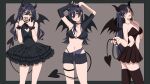  1girl armpits arms_up asymmetrical_clothes bare_arms bare_shoulders black_border black_dress black_hair black_horns black_nails black_shorts black_thighhighs border breasts cleavage_cutout clothing_cutout collarbone commentary_request demon_girl demon_horns demon_tail demon_wings detached_sleeves double-parted_bangs dress fang fingernails frilled_dress frills grey_background hair_intakes hands_up head_tilt heart heart_cutout heart_tail highres holding_own_tail horns idol idolmaster idolmaster_shiny_colors large_breasts long_hair midriff navel navel_cutout open_mouth paddy_field parted_bangs pleated_skirt shirase_sakuya shorts side_cutout simple_background skirt sleeveless sleeveless_dress smile straight_hair swept_bangs tail thighhighs thighs wavy_hair wings yellow_eyes 
