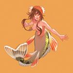  1girl artist_name brown_hair commentary fins fish_tail flower full_body hair_censor hair_flower hair_ornament highres looking_afar mermaid monster_girl orange_background original outstretched_arms short_hair_with_long_locks simple_background solo spread_arms synesthesiafear tail topless 