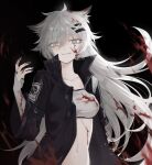  1girl animal_ears arknights bandeau black_background black_jacket black_nails blood blood_in_hair blood_on_clothes blood_on_face blood_on_hands collarbone commentary_request evil_grin evil_smile eyes_visible_through_hair film_grain fingernails grey_bandeau grey_eyes grey_hair grin hair_between_eyes hair_ornament hairclip hand_up high_collar itonatsu jacket lappland_(arknights) long_hair long_sleeves looking_at_viewer messy_hair nail_polish navel open_clothes open_jacket scar scar_across_eye slit_pupils smile solo upper_body wide_sleeves wolf_ears wolf_girl 
