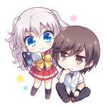  &gt;:( 1boy 1girl blue_eyes blush bow brown_eyes brown_hair camera charlotte_(anime) chibi closed_mouth commentary_request frown hair_between_eyes headpat hetero holding holding_camera hoshinoumi_academy_school_uniform kousetsu long_hair looking_at_another lowres miniskirt otosaka_yuu pleated_skirt red_skirt school_uniform shirt short_hair simple_background sitting skirt smile star_(symbol) sweatdrop tomori_nao v-shaped_eyebrows video_camera wavy_hair white_background white_hair white_shirt yellow_bow 