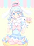  1girl :3 animal animal_ears animal_on_shoulder blouse blue_bow blue_eyes blue_hair blue_ribbon blush bow bubble_skirt cinnamon_roll cinnamoroll commentary cup curly_hair dog dog_ears dog_on_shoulder dress droopy_ears earrings food food-themed_clothes food-themed_hair_ornament frilled_shirt frilled_wrist_cuffs frills hair_ornament hands_up holding holding_food humanization jewelry medium_hair neckerchief peter_pan_collar pink_headwear pink_neckerchief pointing pointing_at_self pointing_up pom_pom_(clothes) pom_pom_earrings ponfuta puffy_short_sleeves puffy_sleeves ribbon sanrio shirt short_sleeves simple_background skirt smile solo star_(symbol) suspender_skirt suspenders upper_body white_wrist_cuffs wrist_cuffs yellow_background 